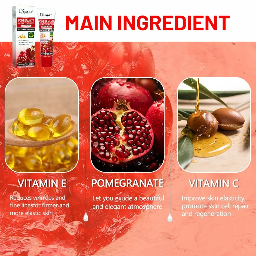 Thermabuild | Pomegranate Sunscreen SPF 50 PA+++ with Vitamin E and C - Hydrating Face and Body Moisturizing Cream for Sunburn Protection and Repair