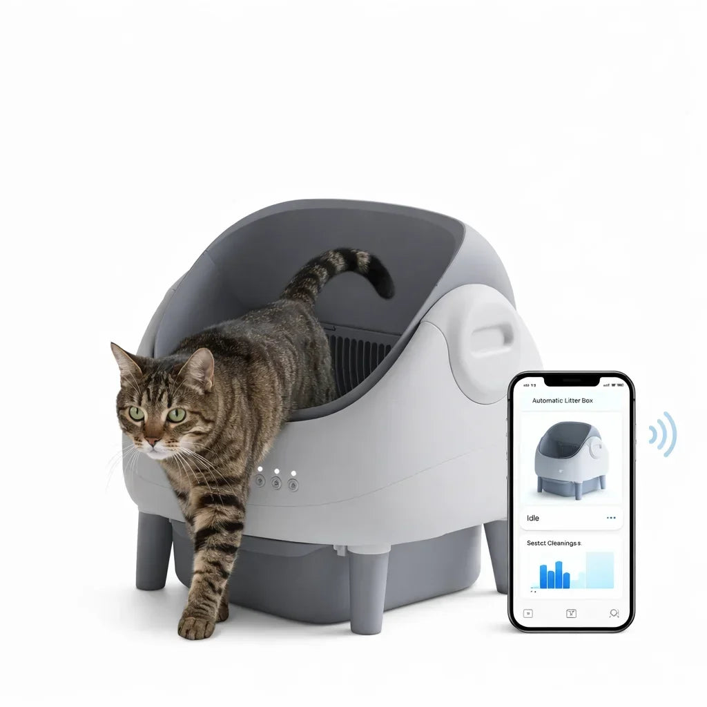 Thermabuild | Automatic Self-Cleaning Cat Litter Box with Smart App Control - Large 76L Capacity Plastic Pet Toilet with Dual Safety Sensors for Cats - Grey-White