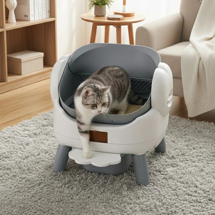 Thermabuild | Large Automatic Self-Cleaning Cat Litter Box with Smart App Control - Open Top Pet Toilet with Radar Safety Sensors and Detachable Step - Gray