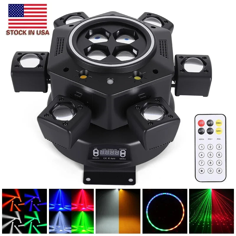 Thermabuild | Moving Head LED Stage Light 120W - RGBW 4-in-1 Bee Eye Beam DJ Lighting with 6 Rotating Arms and DMX Control for Disco Party Events