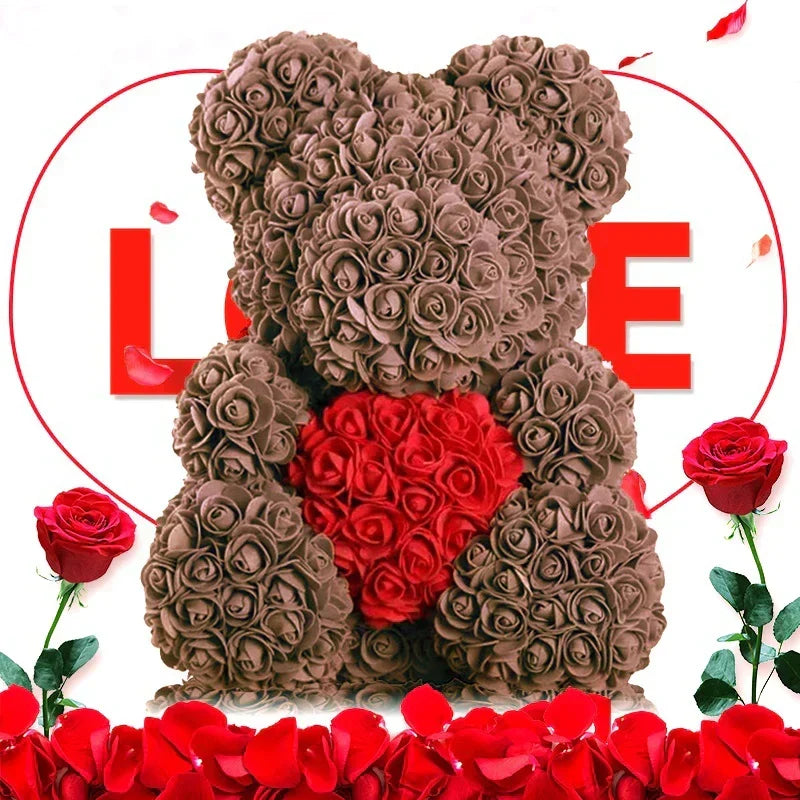 Thermabuild | Rose Bear Artificial Flower Teddy Bear - Handmade PE Foam Everlasting Roses Gift for Women - Romantic Anniversary and Valentines Decor - 40cm Red