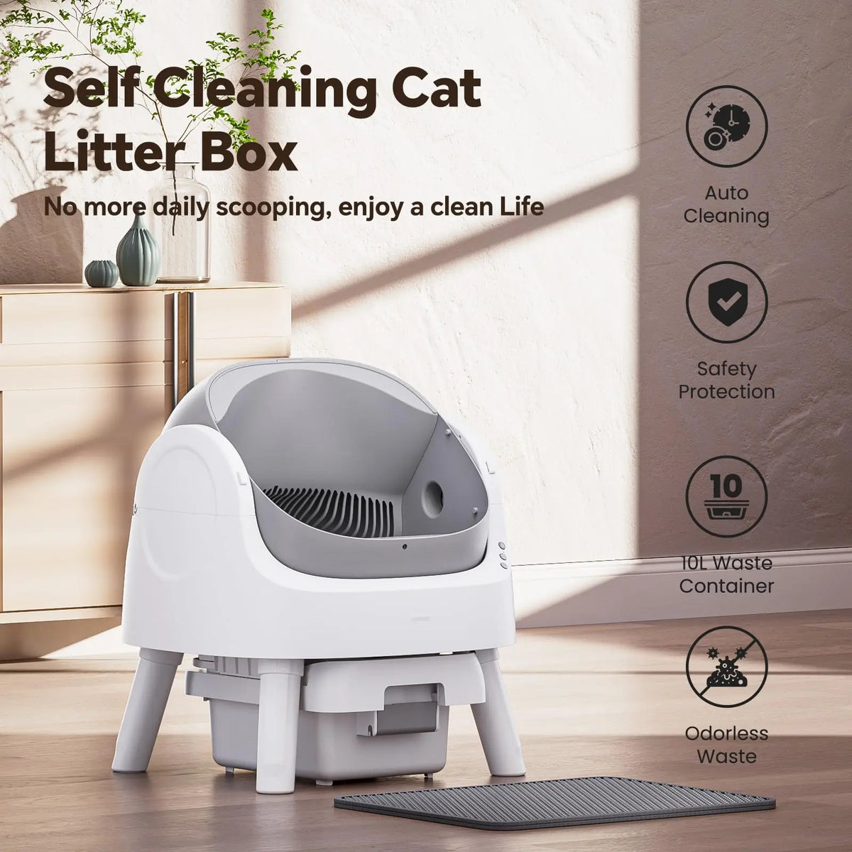 Thermabuild | Smart Automatic Self-Cleaning Cat Litter Box with 10L Waste Tray - Quiet Plastic Pet Toilet with Safety Sensors for Cats of All Sizes - Gray