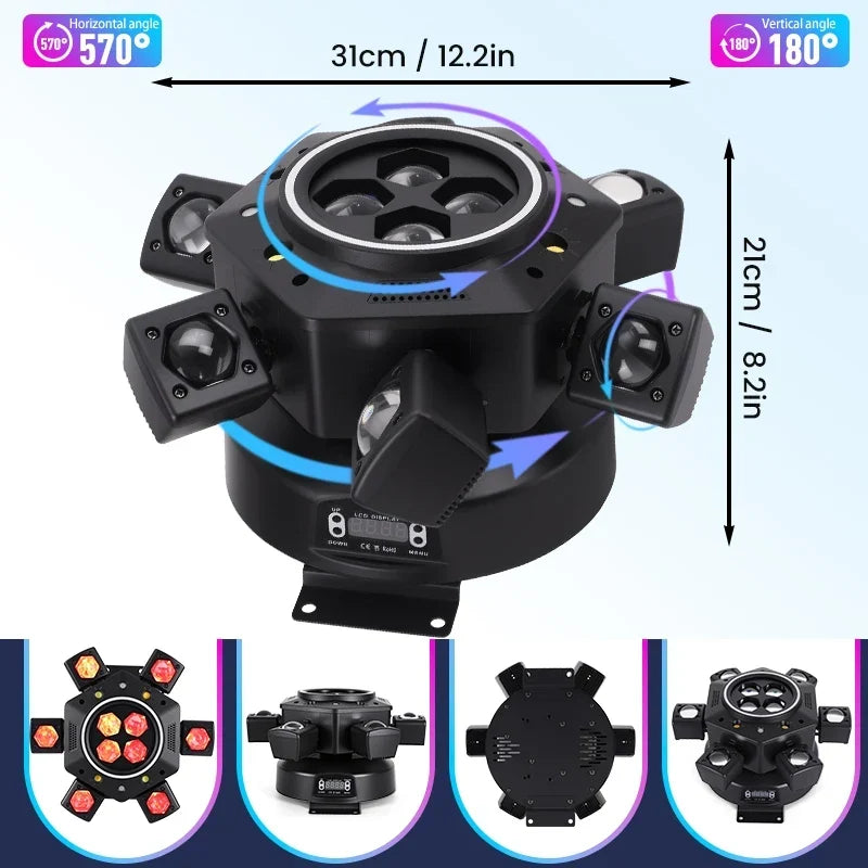 Thermabuild | Moving Head LED Stage Light 120W - RGBW 4-in-1 Bee Eye Beam DJ Lighting with 6 Rotating Arms and DMX Control for Disco Party Events