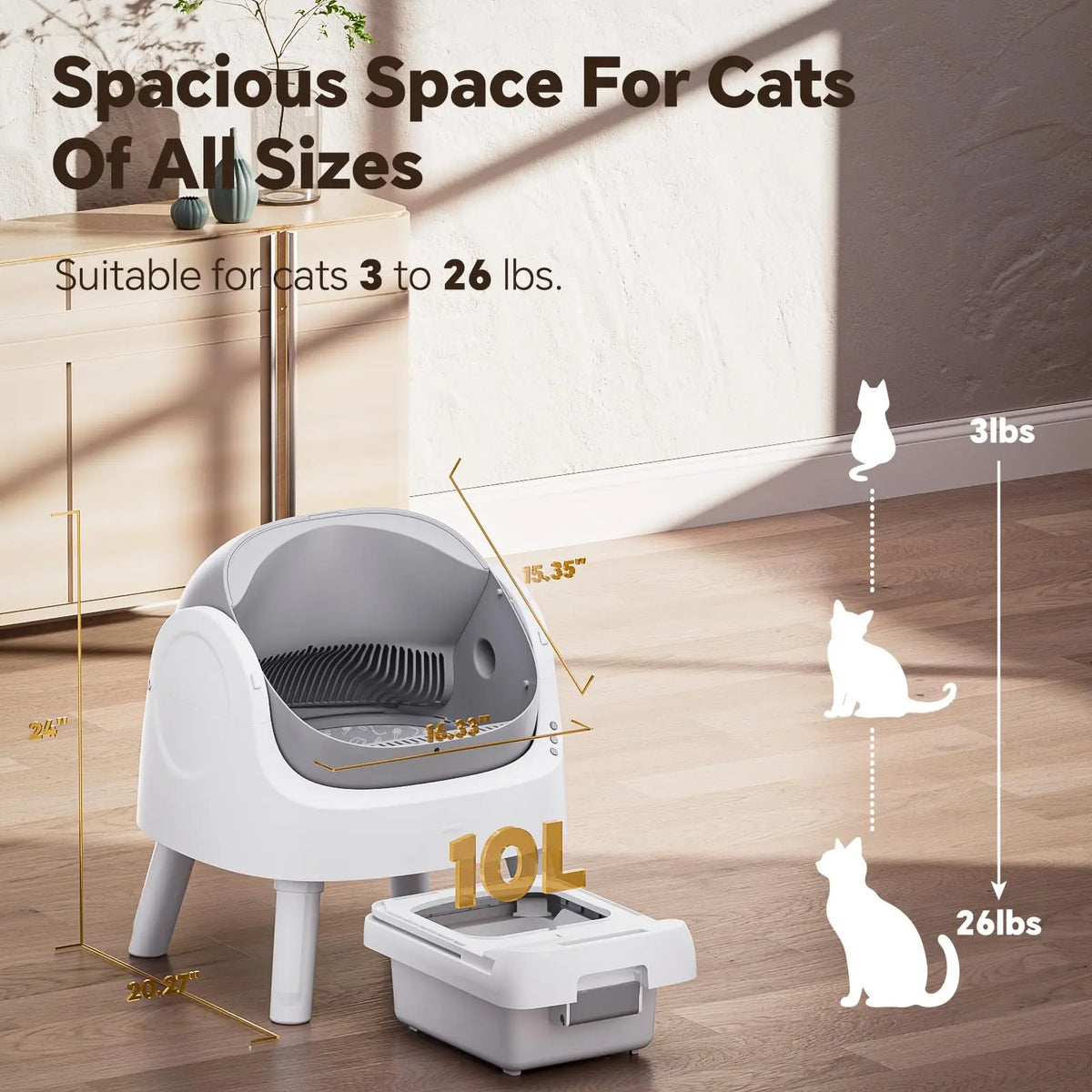 Thermabuild | Smart Automatic Self-Cleaning Cat Litter Box with 10L Waste Tray - Quiet Plastic Pet Toilet with Safety Sensors for Cats of All Sizes - Gray