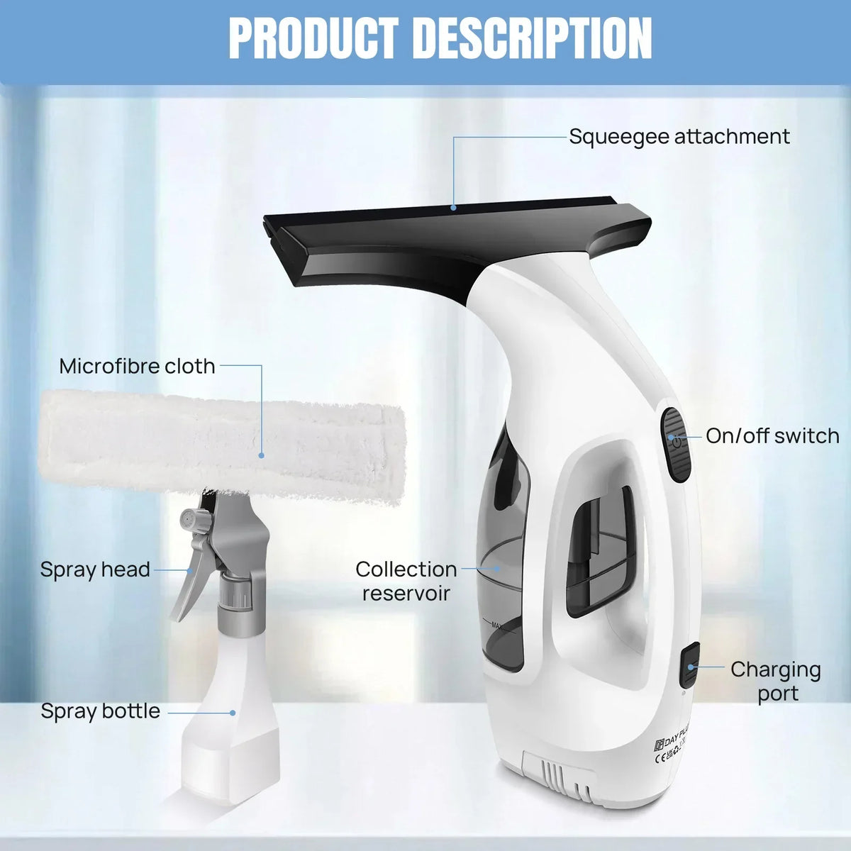 Thermabuild | Handheld Electric Window Cleaner and Vacuum Mop - Portable 2-in-1 Glass Squeegee with Water Spray and Suction for Household and Outdoor Use - Unisex