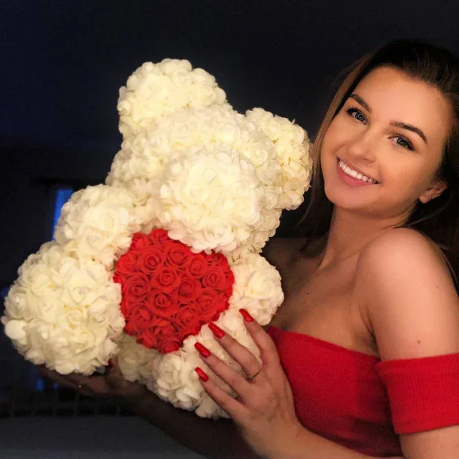 Thermabuild | Rose Bear Artificial Flower Teddy Bear - Handmade PE Foam Everlasting Roses Gift for Women - Romantic Anniversary and Valentines Decor - 40cm Red