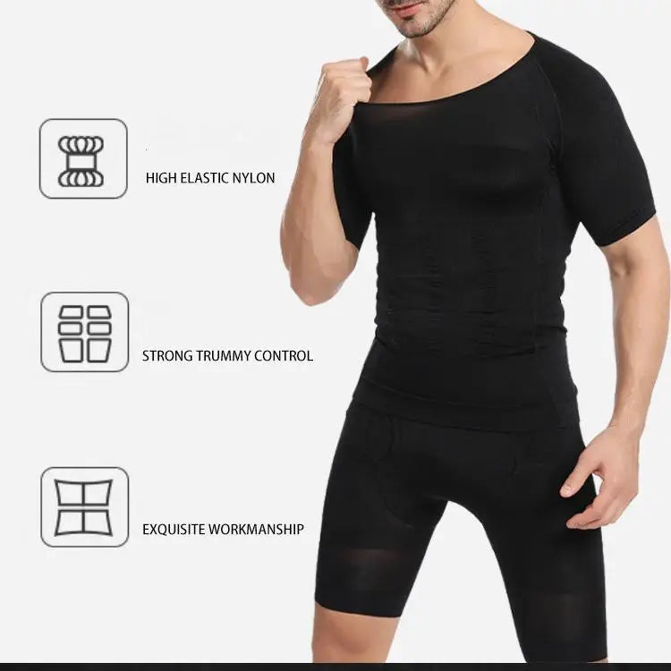 Thermabuild | Men's Compression Body Shaper T-Shirt - Slimming Abdomen Fat Burning Undershirt - Polyester Spandex Posture Corrective Vest for Men - M to XXL