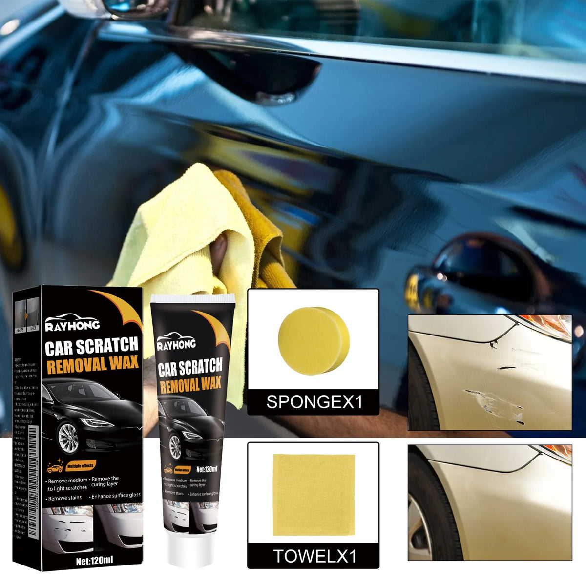 Thermabuild | Car Scratch Remover Wax and Paint Repair Kit with Sponge and Towel - Professional Polishing Compound for Scratches, Swirl Marks, and Scuffs