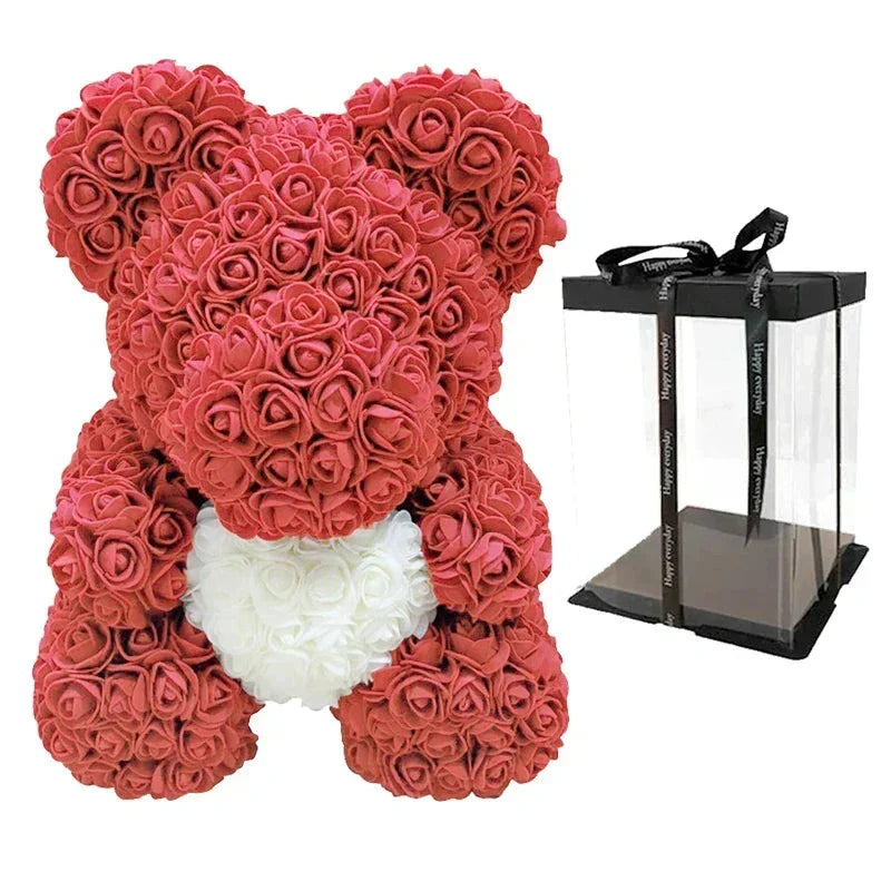 Thermabuild | Rose Bear Artificial Flower Teddy Bear - Handmade PE Foam Everlasting Roses Gift for Women - Romantic Anniversary and Valentines Decor - 40cm Red