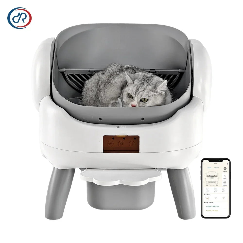 Thermabuild | Large Automatic Self-Cleaning Cat Litter Box with Smart App Control - Open Top Pet Toilet with Radar Safety Sensors and Detachable Step - Gray