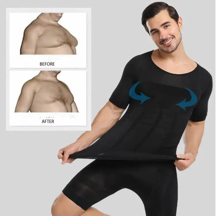 Thermabuild | Men's Compression Body Shaper T-Shirt - Slimming Abdomen Fat Burning Undershirt - Polyester Spandex Posture Corrective Vest for Men - M to XXL