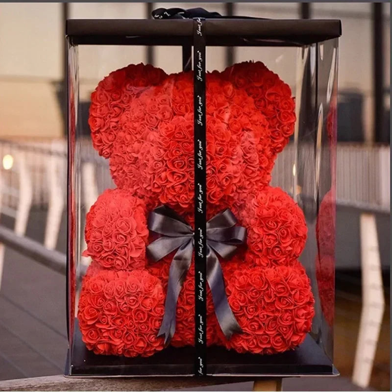 Thermabuild | Rose Bear Artificial Flower Teddy Bear - Handmade PE Foam Everlasting Roses Gift for Women - Romantic Anniversary and Valentines Decor - 40cm Red