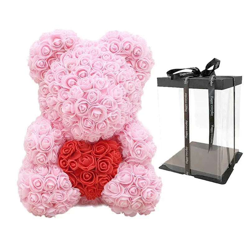 Thermabuild | Rose Bear Artificial Flower Teddy Bear - Handmade PE Foam Everlasting Roses Gift for Women - Romantic Anniversary and Valentines Decor - 40cm Red
