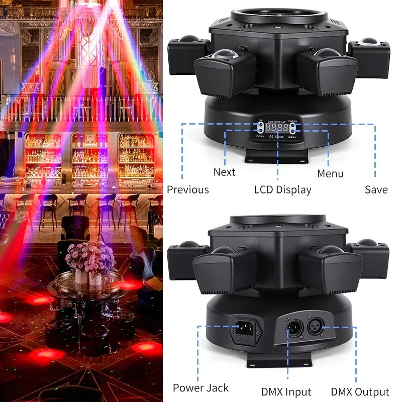 Thermabuild | Moving Head LED Stage Light 120W - RGBW 4-in-1 Bee Eye Beam DJ Lighting with 6 Rotating Arms and DMX Control for Disco Party Events
