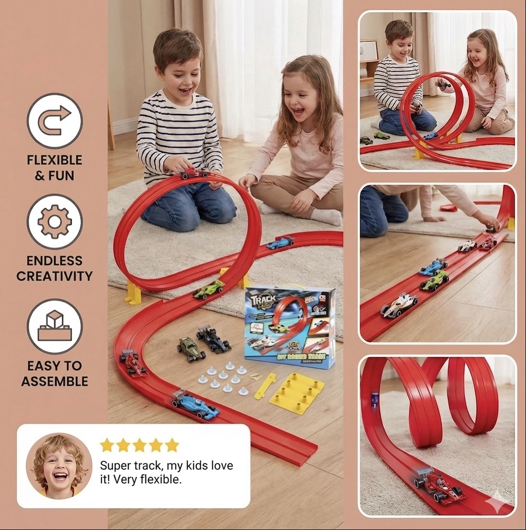 Thermabuild | Flexible Race Track Set with Glow in the Dark Rails - Creative DIY Construction Toy with Light Up Car for Kids - Indoor Racing Play Set