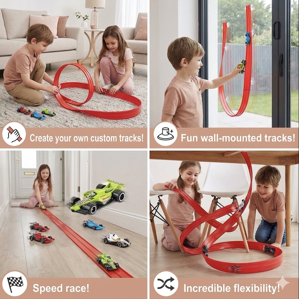 Thermabuild | Flexible Race Track Set with Glow in the Dark Rails - Creative DIY Construction Toy with Light Up Car for Kids - Indoor Racing Play Set