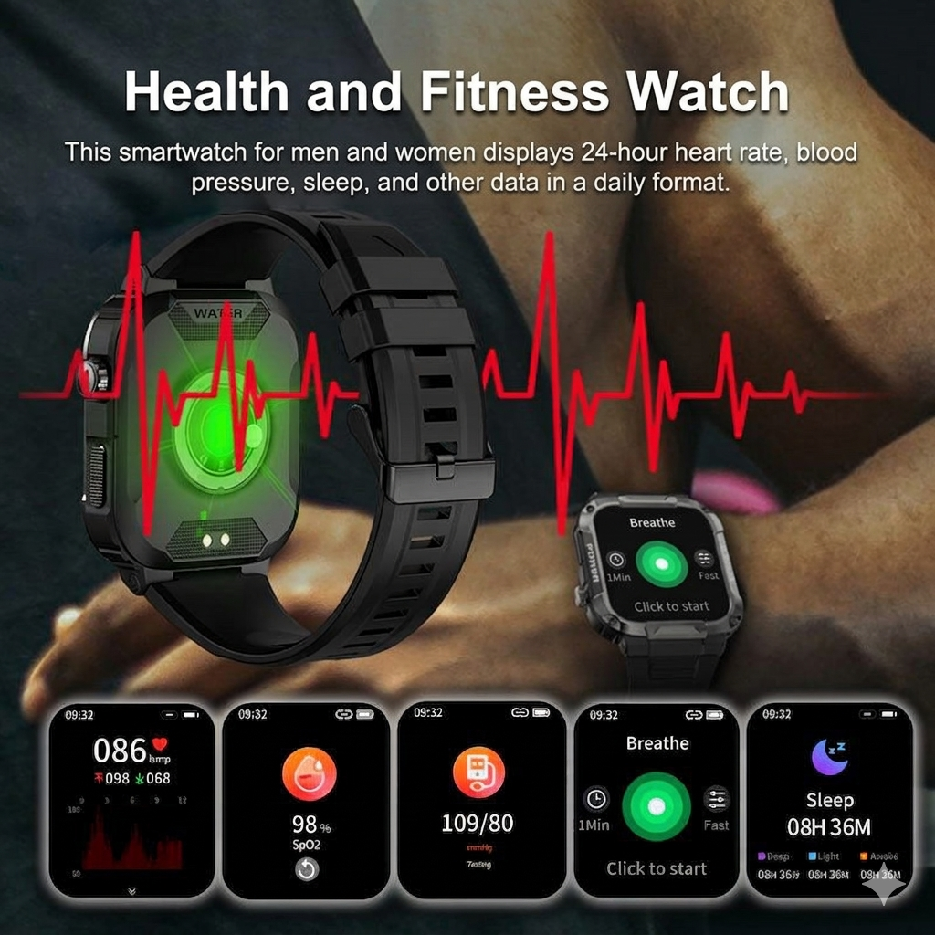 Thermabuild | Military Smartwatch for Men - Waterproof IP68 Rugged Fitness Tracker with Bluetooth Calling, Heart Rate Monitor and 110 Sports Modes