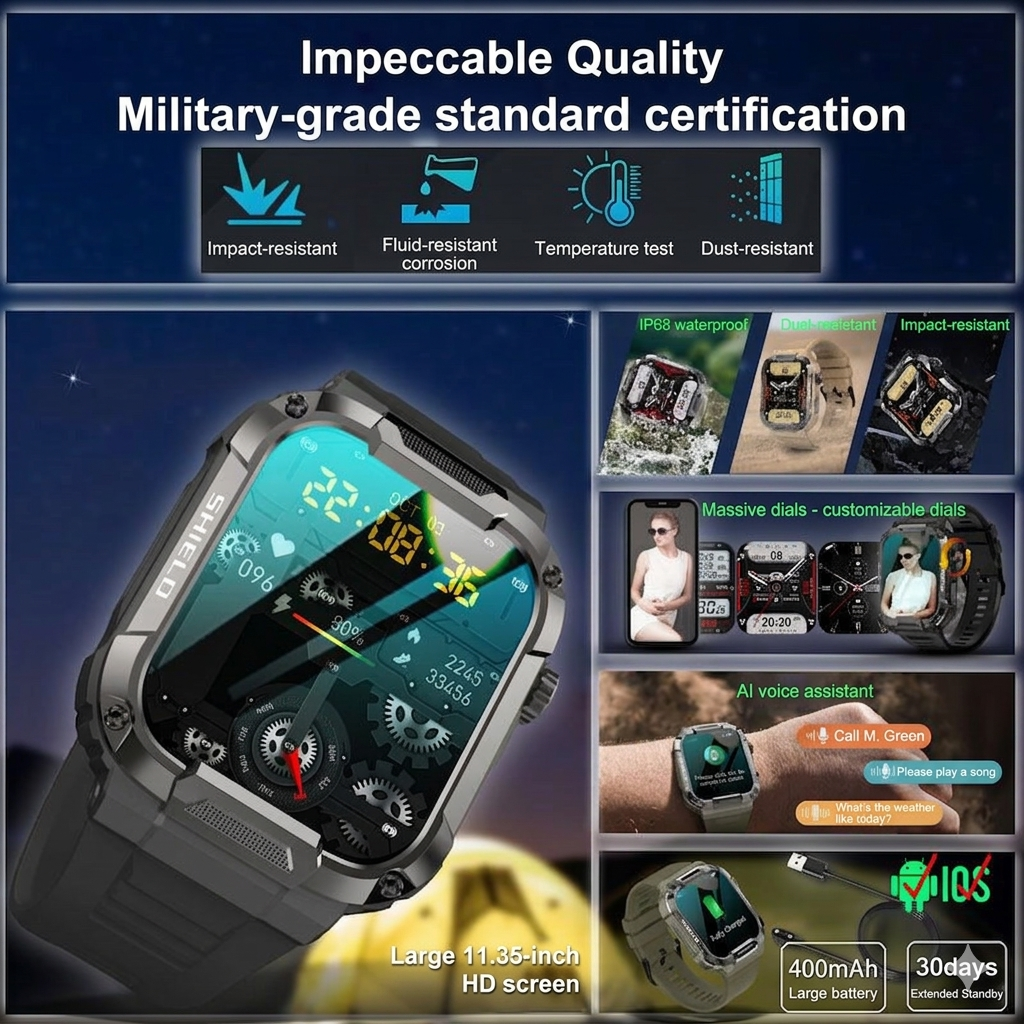 Thermabuild | Military Smartwatch for Men - Waterproof IP68 Rugged Fitness Tracker with Bluetooth Calling, Heart Rate Monitor and 110 Sports Modes