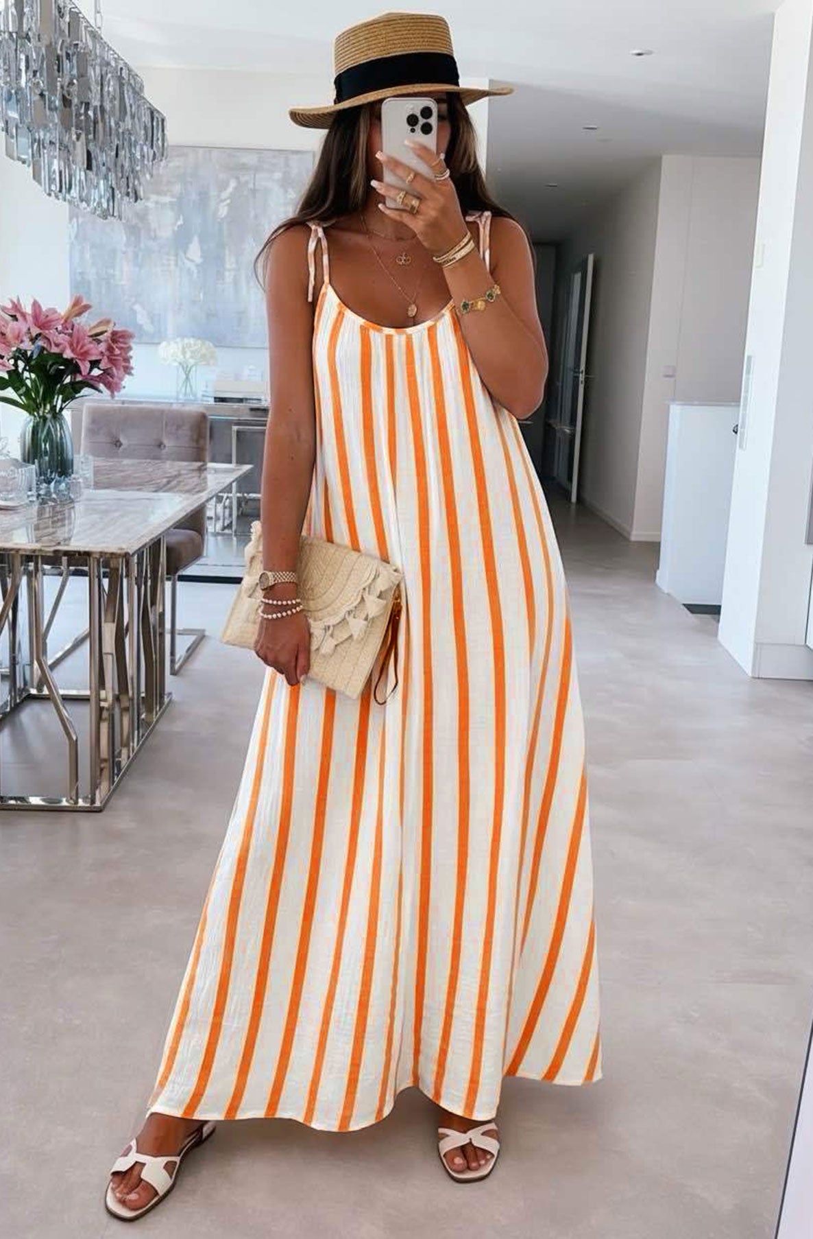 Thermabuild | Josette Stripe Pocket Tie-Up Strap Cotton Gauze Style Maxi Dress