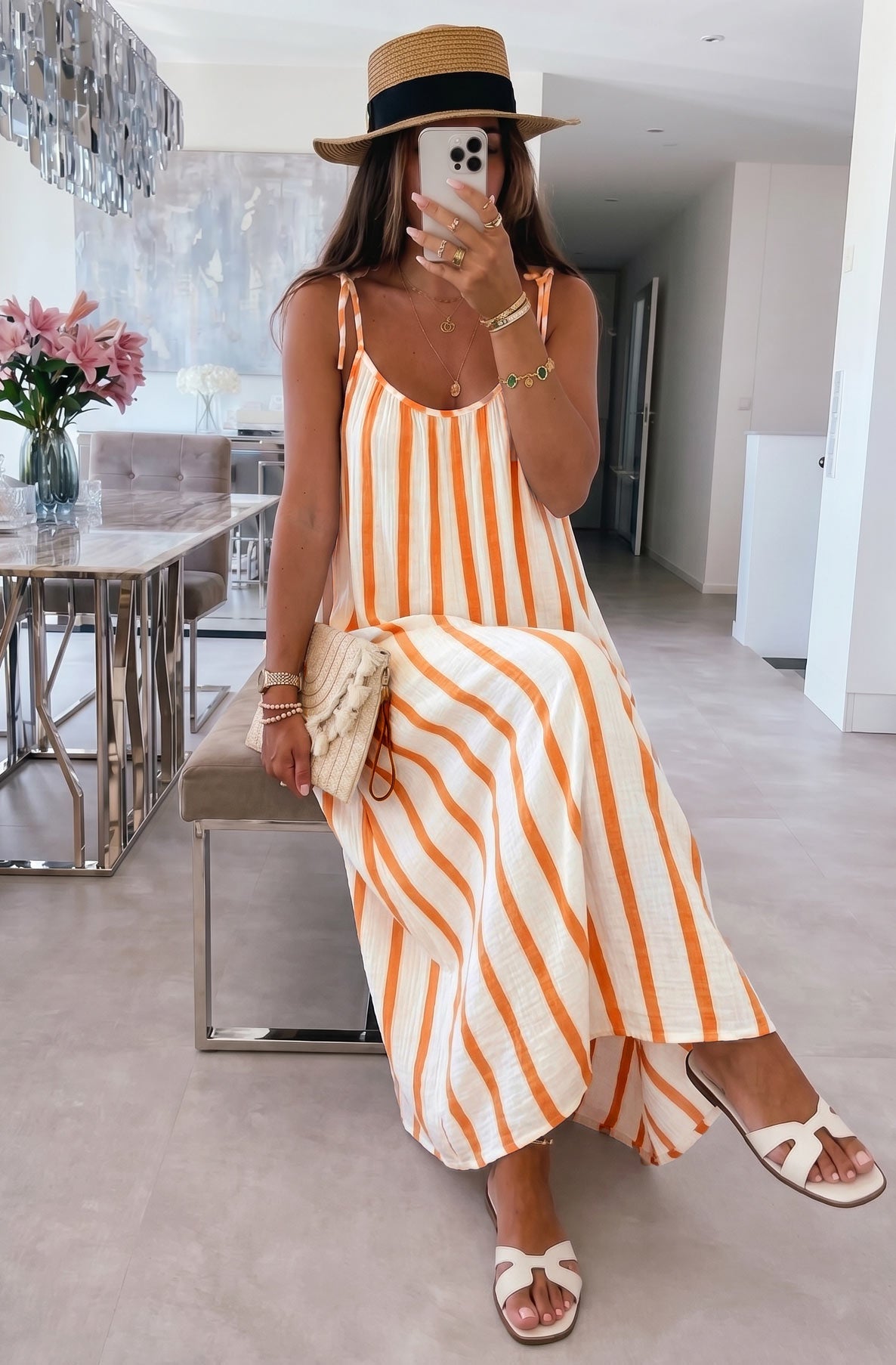 Thermabuild | Josette Stripe Pocket Tie-Up Strap Cotton Gauze Style Maxi Dress