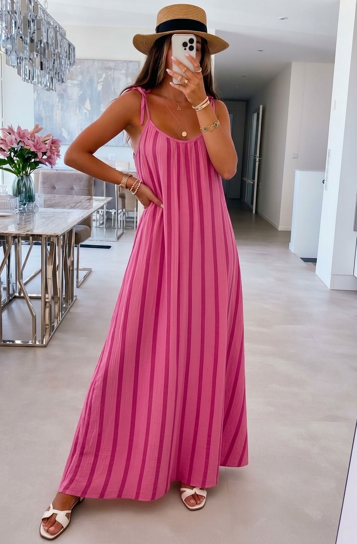 Thermabuild | Josette Stripe Pocket Tie-Up Strap Cotton Gauze Style Maxi Dress