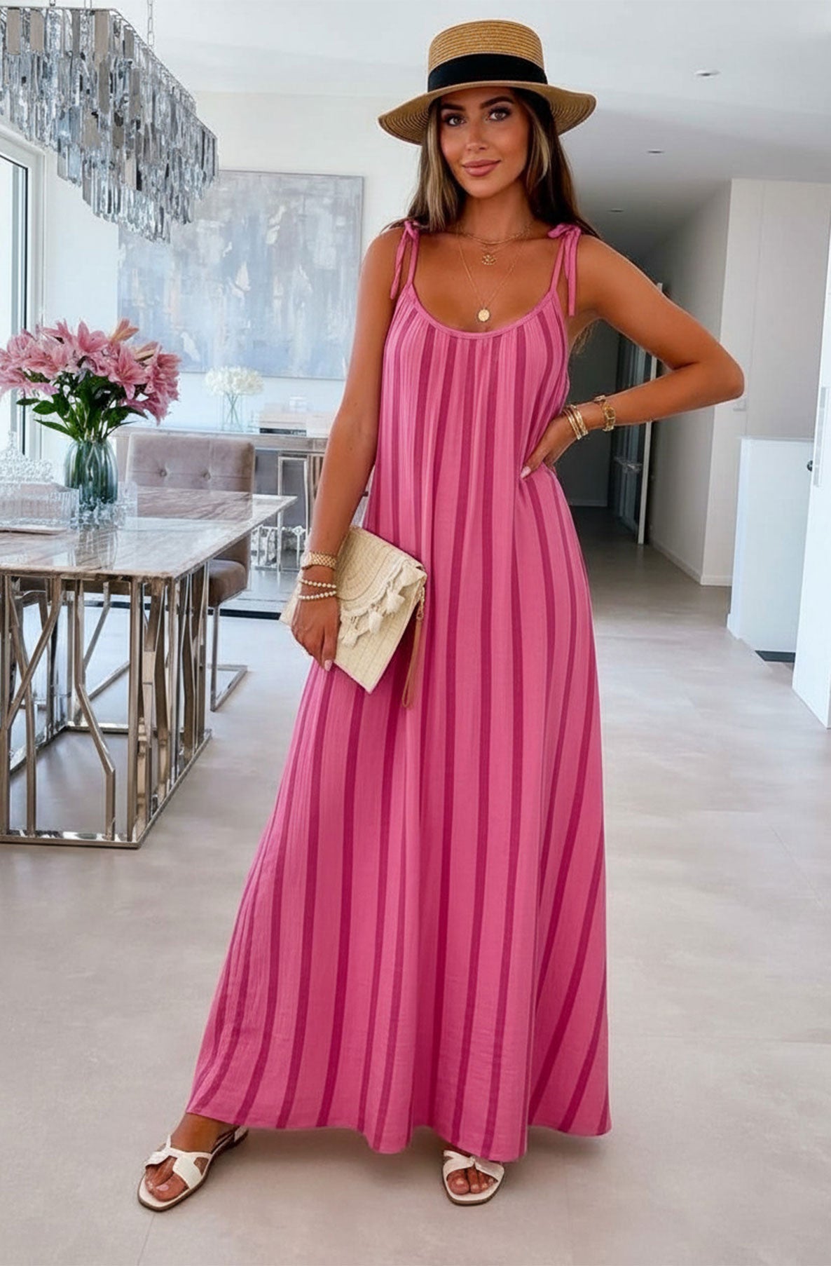 Thermabuild | Josette Stripe Pocket Tie-Up Strap Cotton Gauze Style Maxi Dress