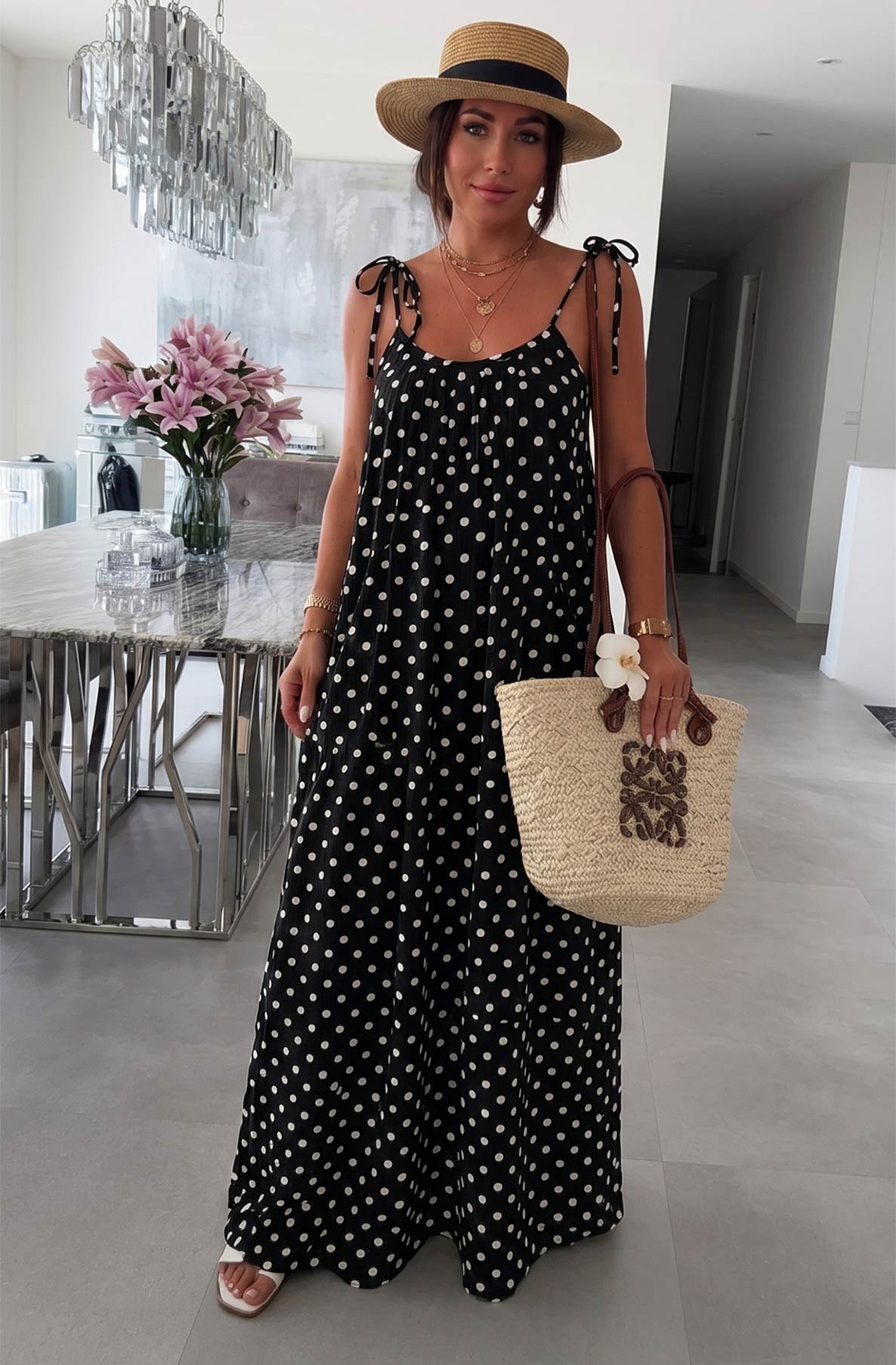 Thermabuild | Josette Polka Dot Pocket Tie-Up Strap Cotton Gauze Style Maxi Dress