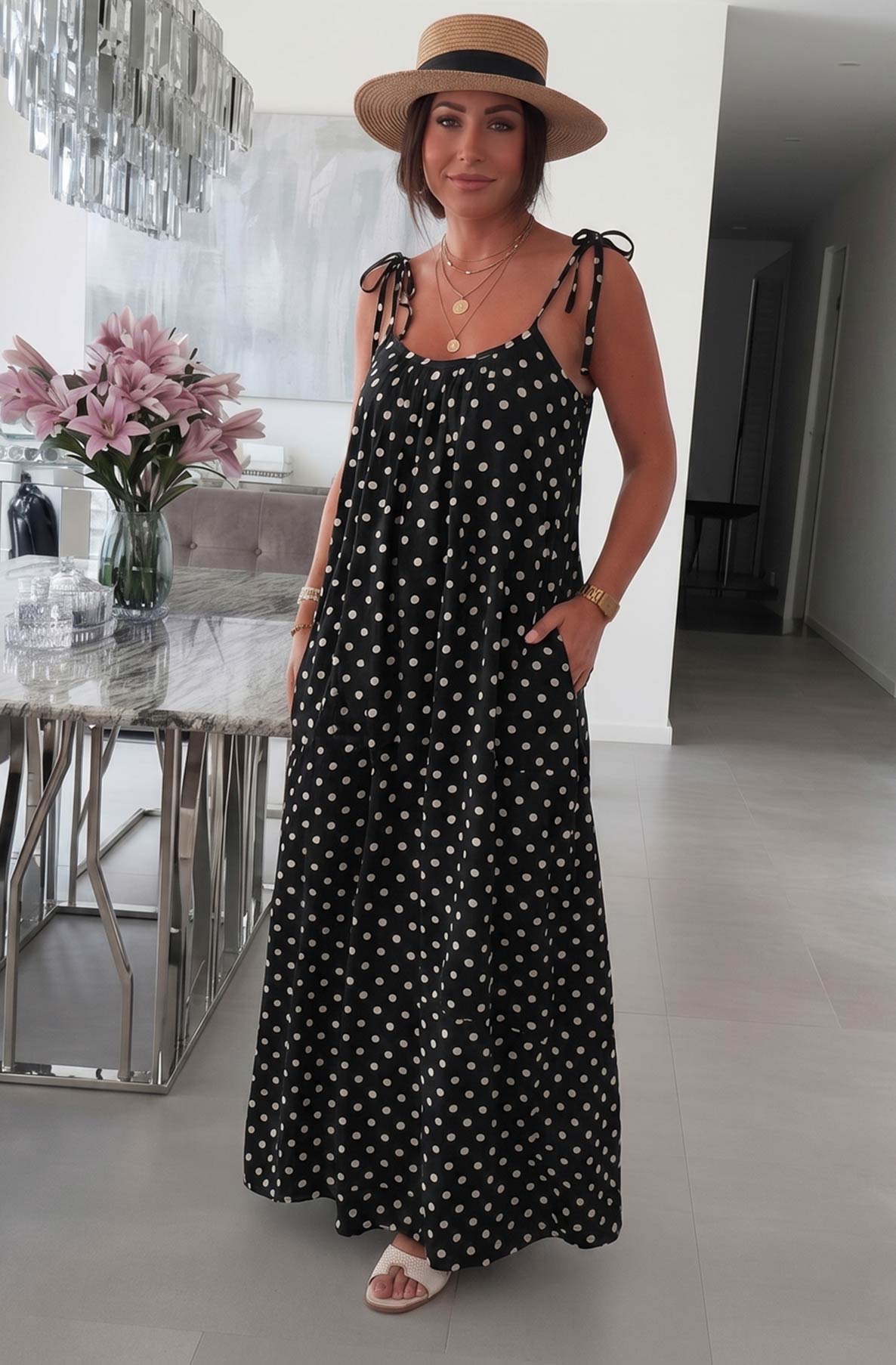 Thermabuild | Josette Polka Dot Pocket Tie-Up Strap Cotton Gauze Style Maxi Dress