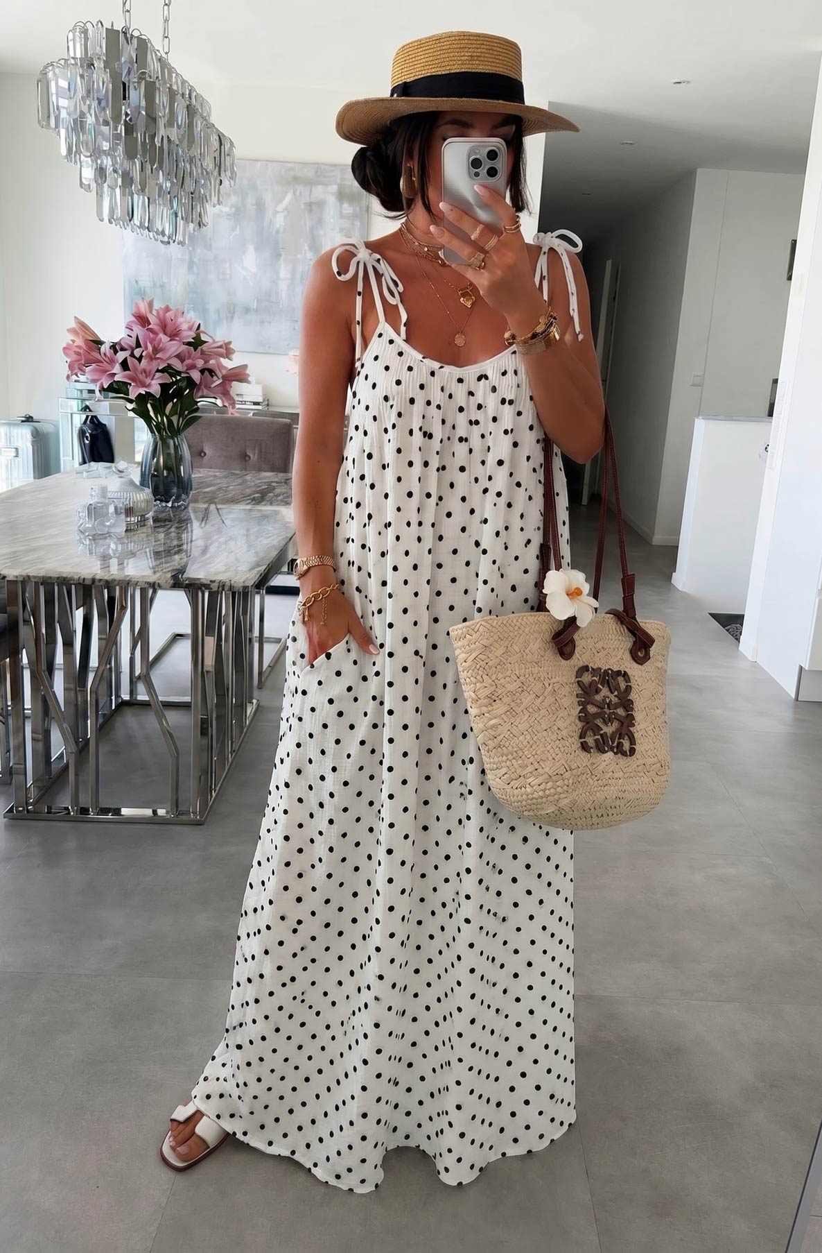 Thermabuild | Josette Polka Dot Pocket Tie-Up Strap Cotton Gauze Style Maxi Dress