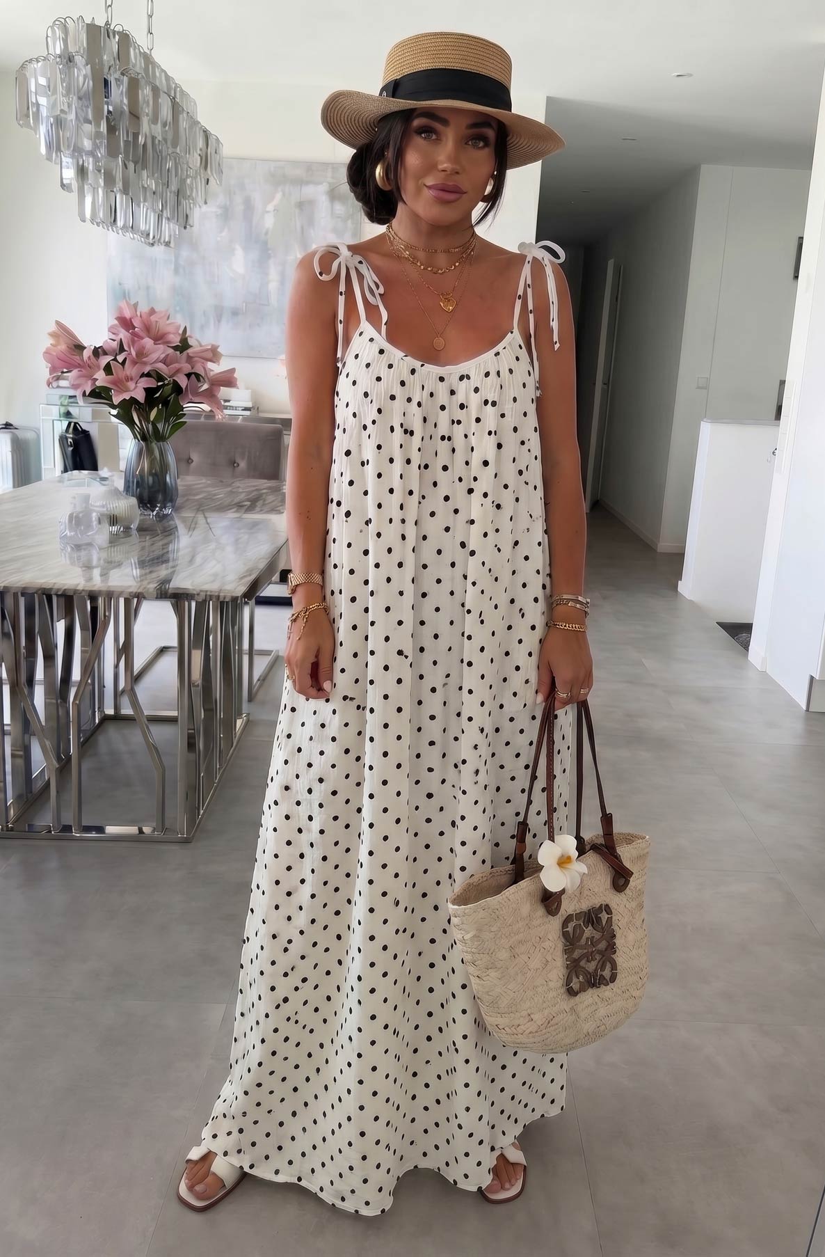 Thermabuild | Josette Polka Dot Pocket Tie-Up Strap Cotton Gauze Style Maxi Dress