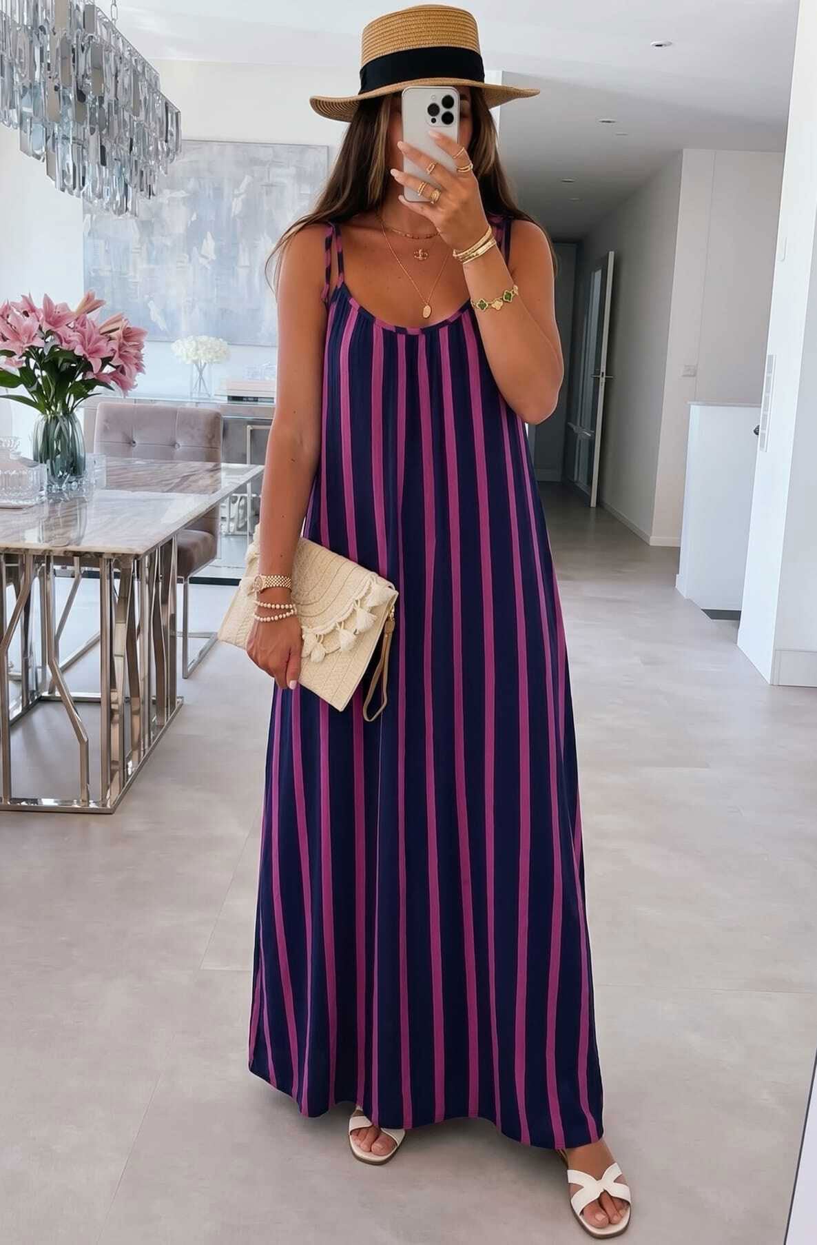 Thermabuild | Josette Stripe Pocket Tie-Up Strap Cotton Gauze Style Maxi Dress