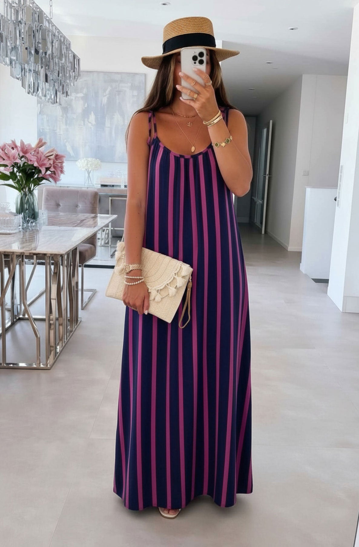 Thermabuild | Josette Stripe Pocket Tie-Up Strap Cotton Gauze Style Maxi Dress