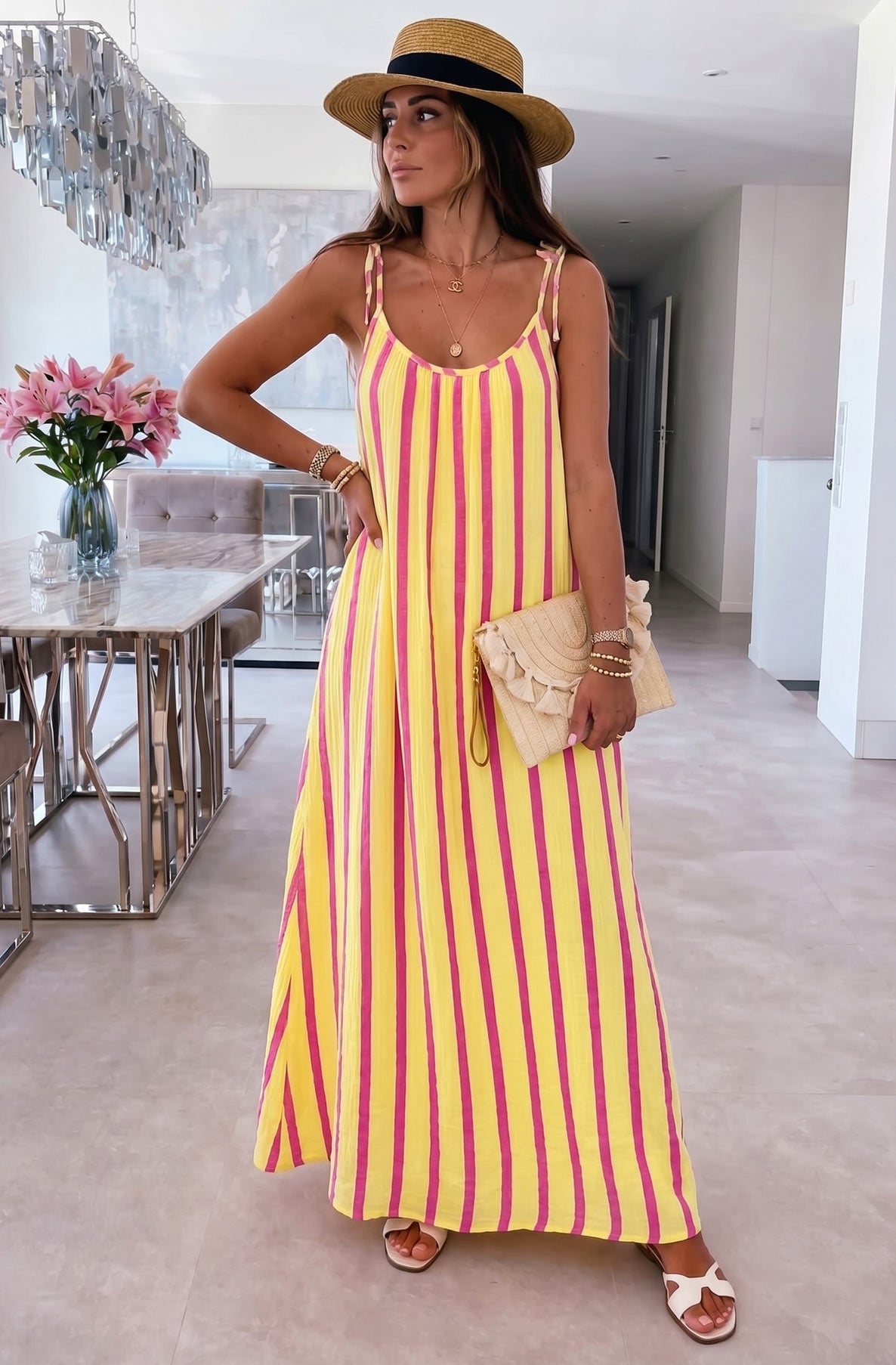 Thermabuild | Josette Stripe Pocket Tie-Up Strap Cotton Gauze Style Maxi Dress