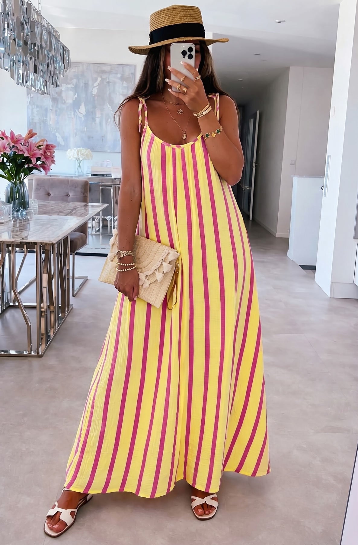 Thermabuild | Josette Stripe Pocket Tie-Up Strap Cotton Gauze Style Maxi Dress