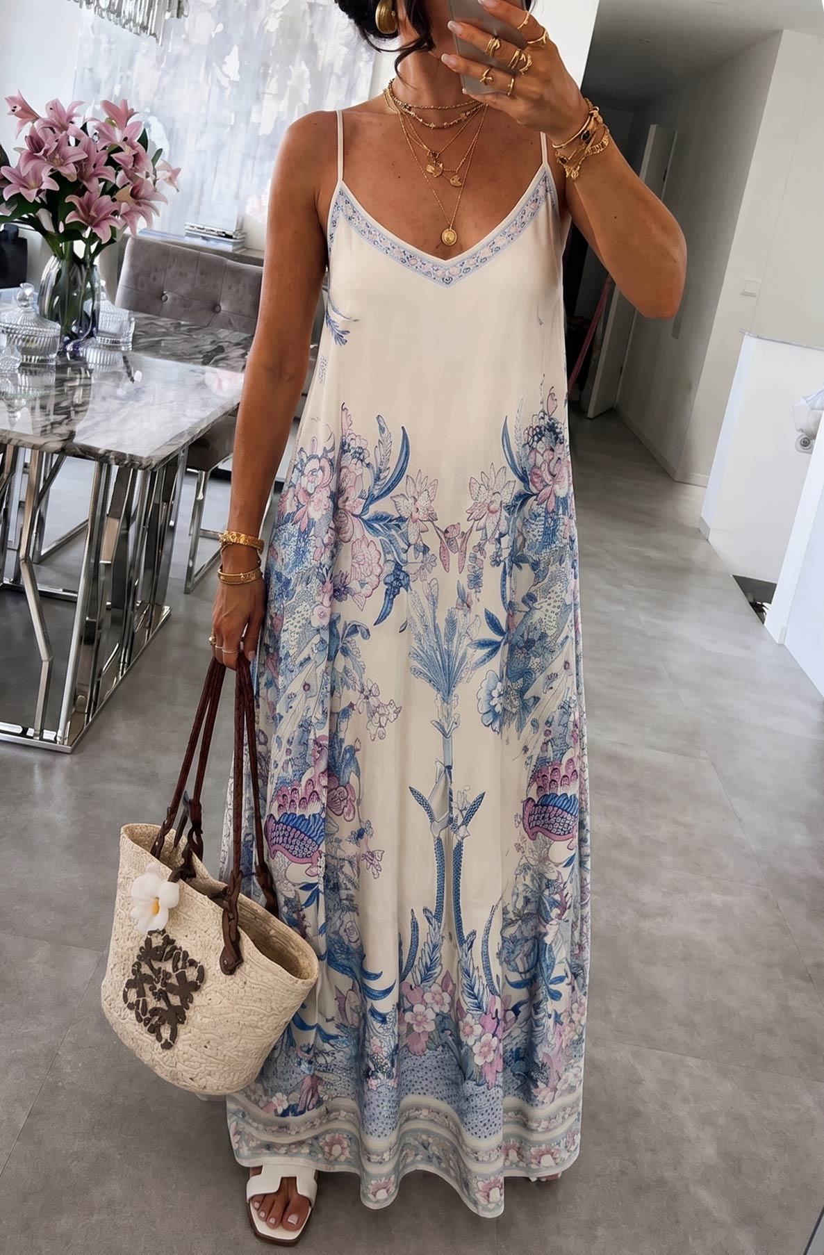 Thermabuild | Oriana Satin Floral V-Neck Cami Maxi Dress