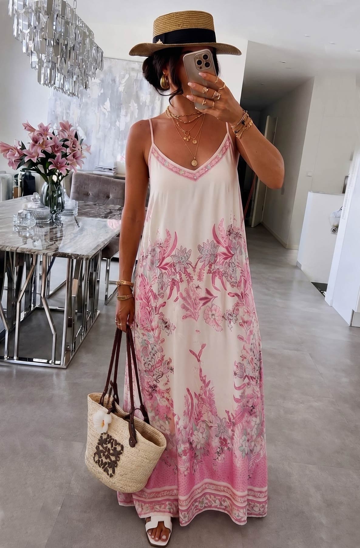 Thermabuild | Oriana Satin Floral V-Neck Cami Maxi Dress