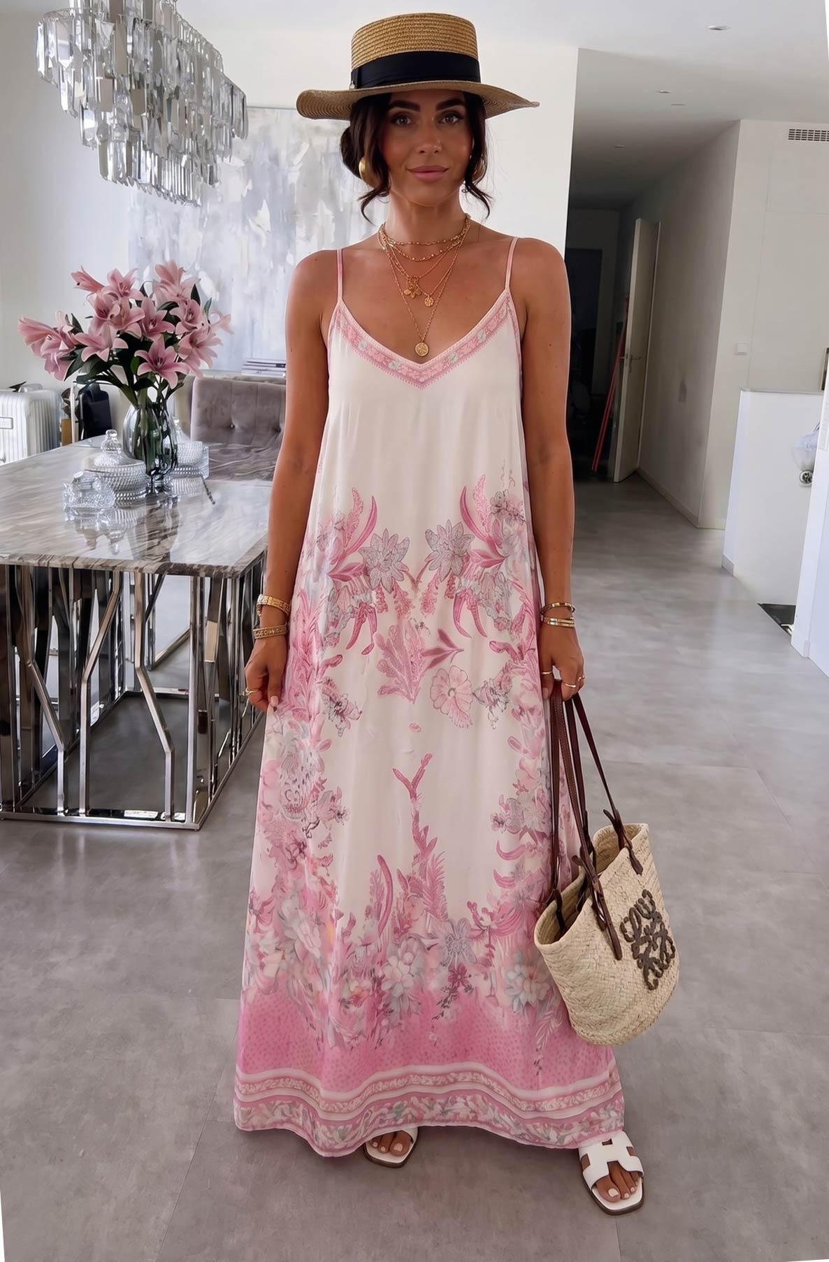 Thermabuild | Oriana Satin Floral V-Neck Cami Maxi Dress