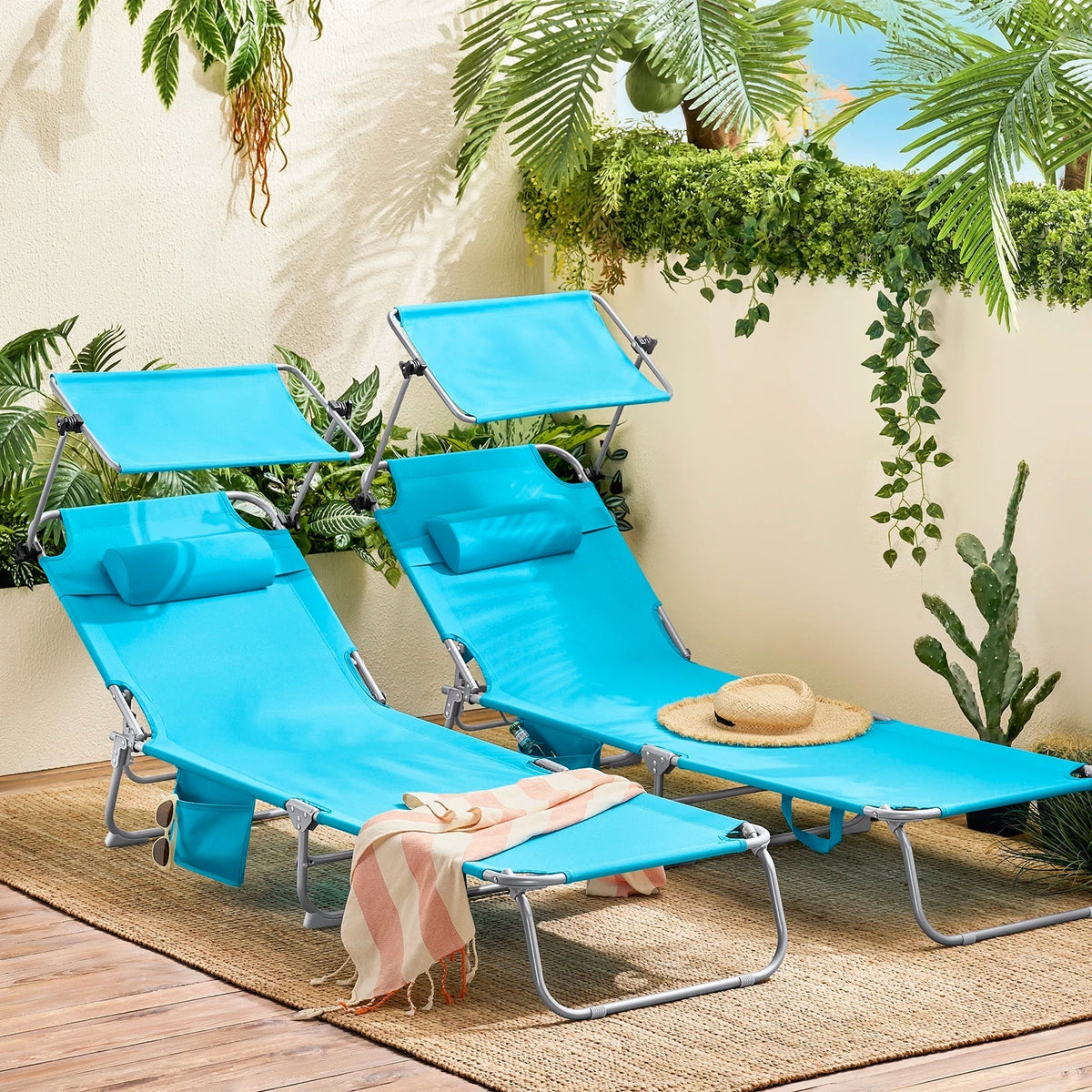 Thermabuild | Set of 2 Outdoor Folding Sun Loungers with Adjustable Canopy and Headrest Pillow - Portable Metal Reclining Garden Chairs for Beach and Yard