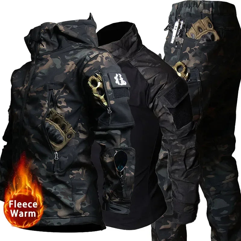 Thermabuild | Men's Military Tactical Uniform Set - Hooded Soft Shell Hunting Jacket with Breathable Long Sleeve Shirt and Multi-Pocket Cargo Pants - Unisex
