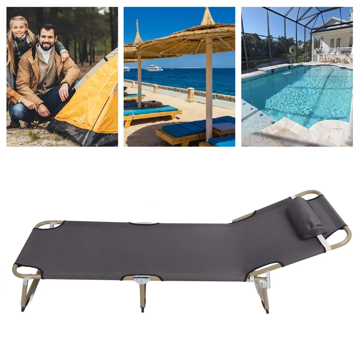 Thermabuild | Lightweight Camping Tent Cot with Pillow - Portable Waterproof Alloy Folding Sleeping Bed with Adjustable Backrest for Beach and Terrace