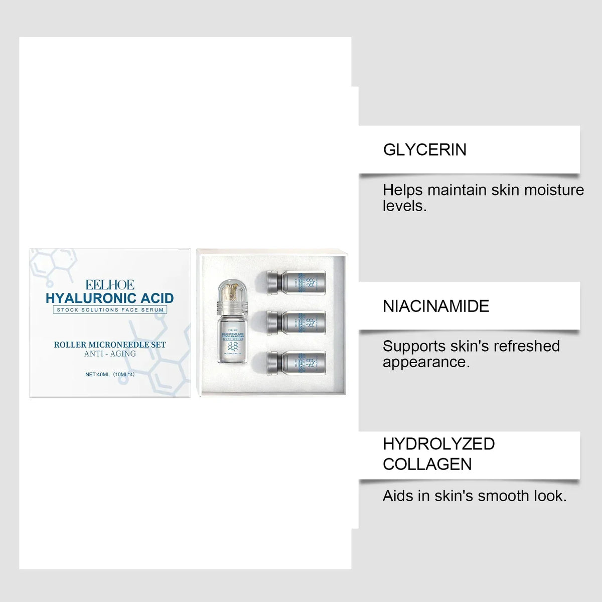 Thermabuild | Hyaluronic Acid Face Serum Set with Roller Applicator – 4 x 10ml Moisturizing Serum