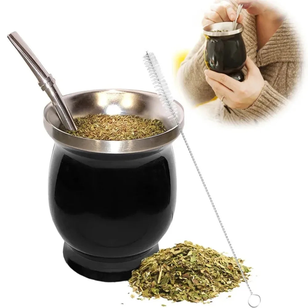 Thermabuild | Stainless Steel Yerba Mate Gourd Cup Set - Double Walled Vacuum Insulated Tea Mug with Bombilla Straw and Cleaning Brush - Unisex - 8oz Capacity