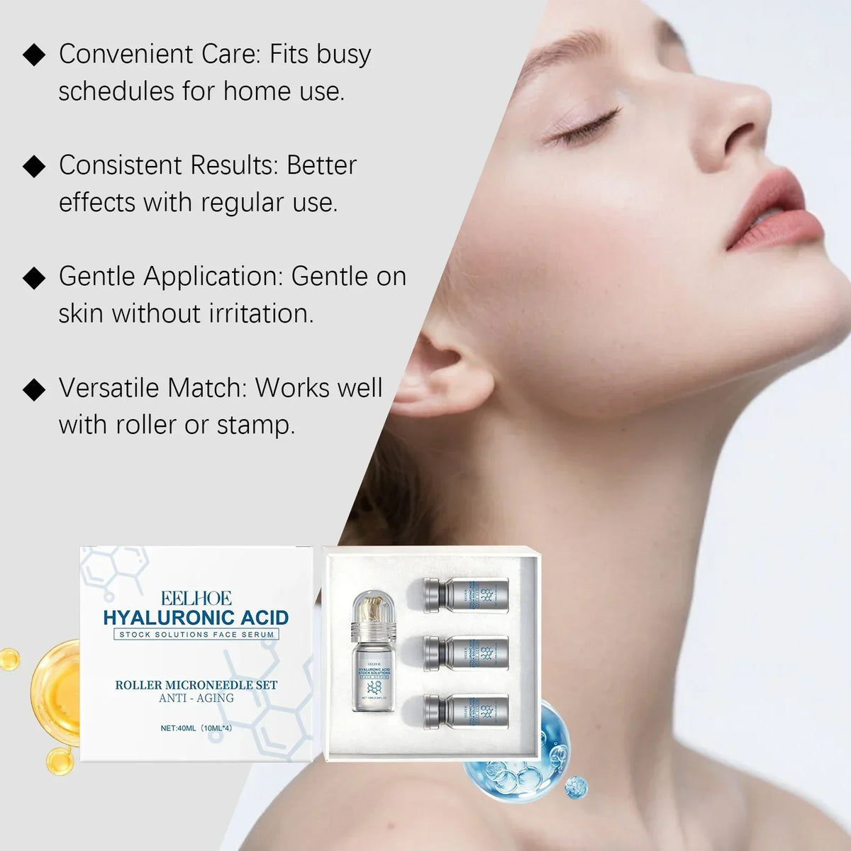Thermabuild | Hyaluronic Acid Face Serum Set with Roller Applicator – 4 x 10ml Moisturizing Serum