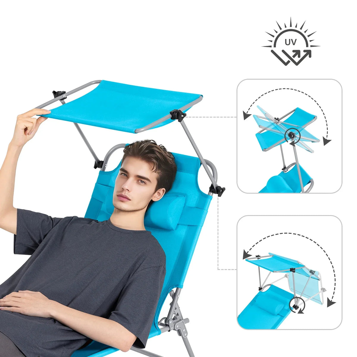 Thermabuild | Set of 2 Outdoor Folding Sun Loungers with Adjustable Canopy and Headrest Pillow - Portable Metal Reclining Garden Chairs for Beach and Yard