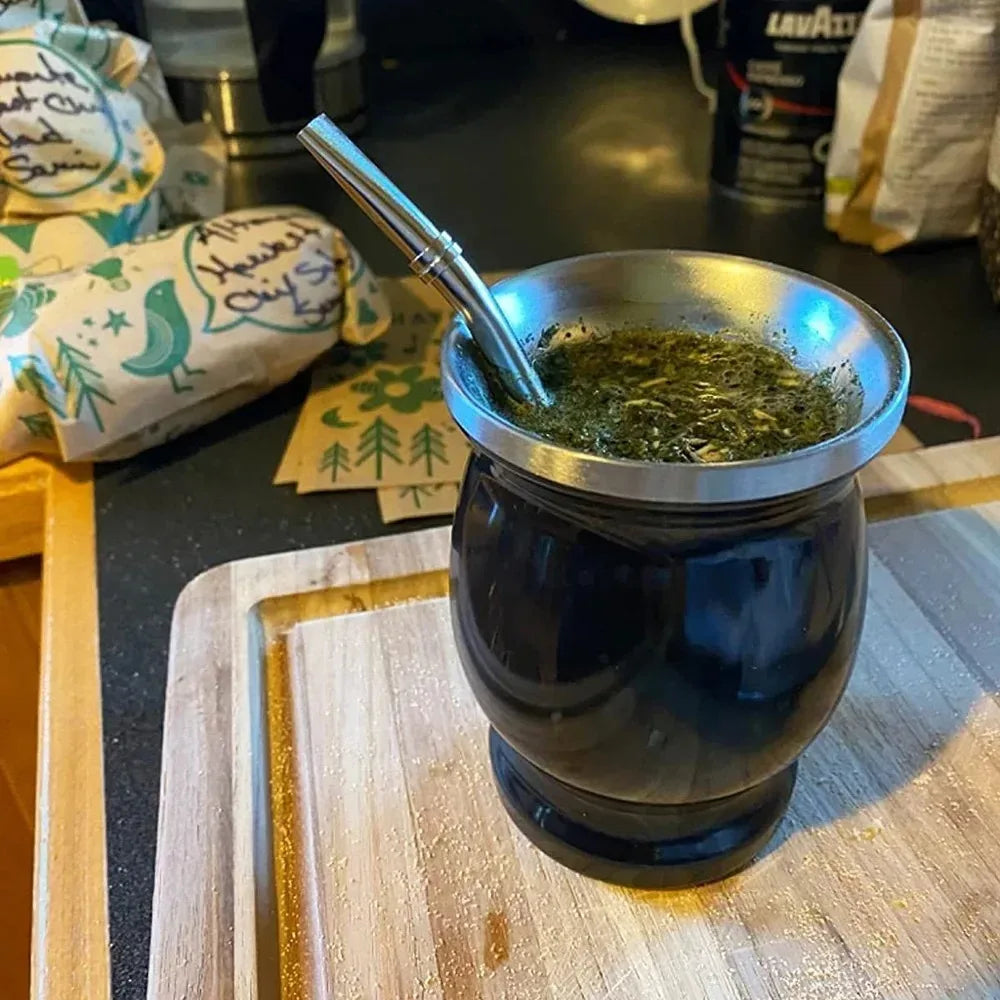 Thermabuild | Stainless Steel Yerba Mate Gourd Cup Set - Double Walled Vacuum Insulated Tea Mug with Bombilla Straw and Cleaning Brush - Unisex - 8oz Capacity