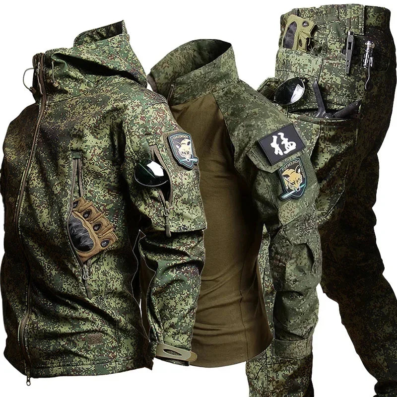 Thermabuild | Men's Military Tactical Uniform Set - Hooded Soft Shell Hunting Jacket with Breathable Long Sleeve Shirt and Multi-Pocket Cargo Pants - Unisex