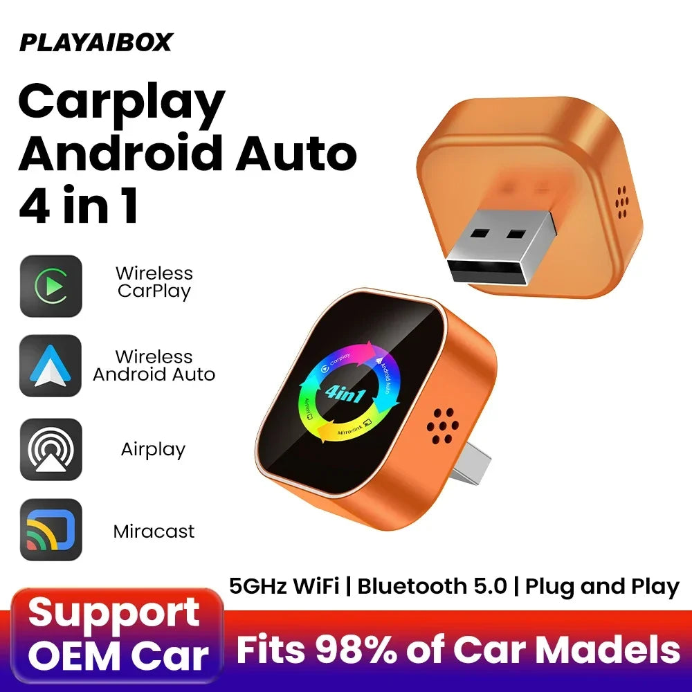 Thermabuild | 4-in-1 Wireless CarPlay and Android Auto Adapter - Bluetooth WiFi Dongle with AirPlay Mirror Link for Wired Factory Head Units - Universal