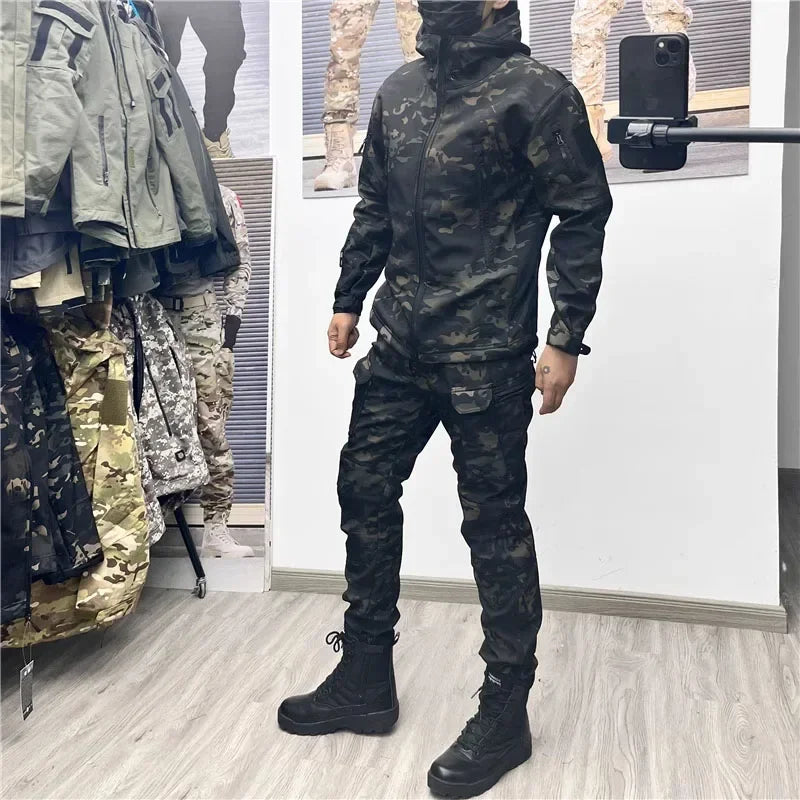 Thermabuild | Men's Military Tactical Uniform Set - Hooded Soft Shell Hunting Jacket with Breathable Long Sleeve Shirt and Multi-Pocket Cargo Pants - Unisex