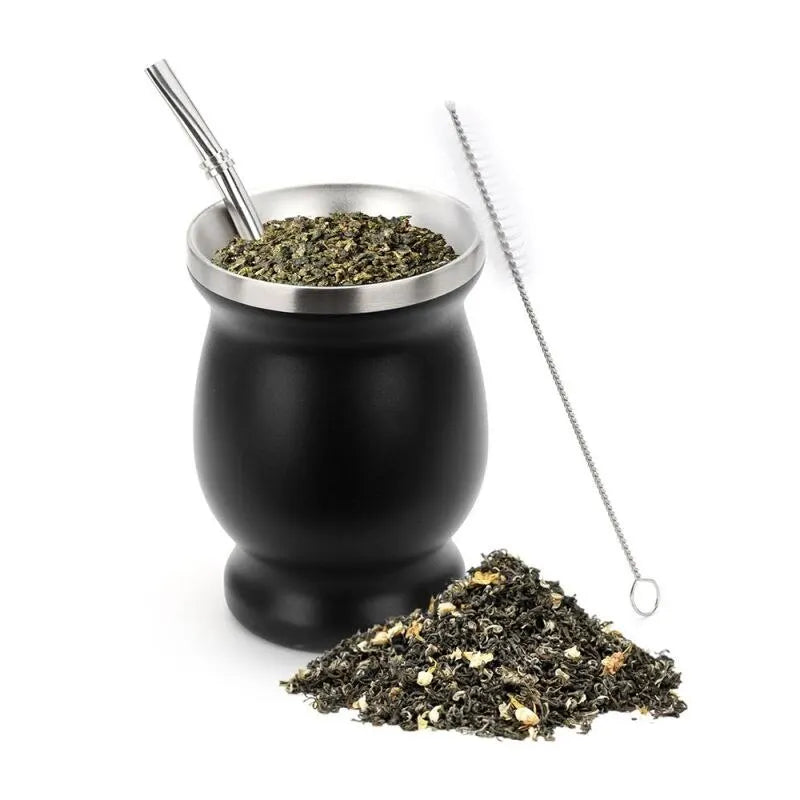 Thermabuild | Stainless Steel Yerba Mate Gourd Cup Set - Double Walled Vacuum Insulated Tea Mug with Bombilla Straw and Cleaning Brush - Unisex - 8oz Capacity