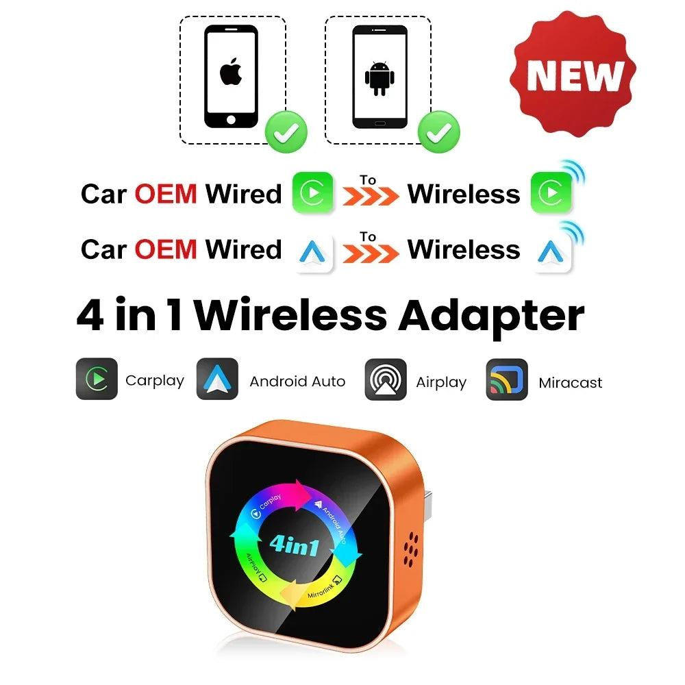 Thermabuild | 4-in-1 Wireless CarPlay and Android Auto Adapter - Bluetooth WiFi Dongle with AirPlay Mirror Link for Wired Factory Head Units - Universal
